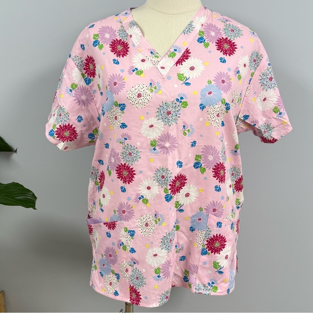 Dickies Scrub Top XL Pink Multicolor Flowers Daisy Cotton Scrubs Nurse Uniform